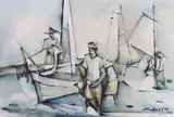 Figures and sailing boats by Seah Kim Joo, watercolour, sold Oct 2023