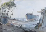 Coastal scene with moored boats by Charles William Sharpe, watercolour, offered Oct 2023