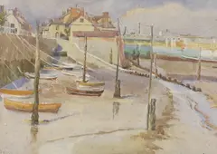 Fishing village at low tide by Arthur Suker, 1921, watercolour, sold Oct 2023