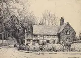 Figures before a cottage by William Tatton Winter, 1911, ink, offered Oct 2023