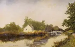 Punt on a canal by Gerald Edwin Tucker, mixed media on board, offered Oct 2023