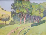 Trees on a hillside by Théodore Delachaux, 1920, oil on wood, sold Oct 2023