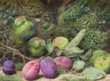 Still life of fruit and leaves by John Sherrin, watercolour, sold Oct 2023