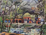Boathouses, Richmond by Llewellyn Petley-Jones, oil on canvas, sold Oct 2023