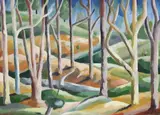 Trees in a landscape by Evelyna Nunn, oil on board, sold Oct 2023
