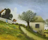Village landscape by Maurice Ghiglion Green, oil on canvas, sold Oct 2023
