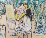 Nude in The Studio by Robert Savary, ink and watercolour, sold Oct 2023