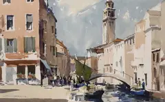 Venetian canal with gondolas by Edward Wesson, watercolour, sold Oct 2023