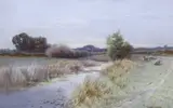 Sheep beside a stream by George Oyston, watercolour, sold Oct 2023