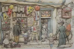 A framed three dimensional applied paper street scene by Anton Pieck, drawing, sold Oct 2023