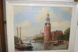 Montelbann Tower, Amsterdam by Willem Johannes Burksen, oil, sold Jan 2024