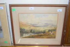 Cattle being led across a ravine with mountainous ranges on the by David Cox Snr., watercolour, sold Jan 2024