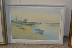 Moored boats in North Norfolk estuary by John Tuck, oil on board, sold Jan 2024