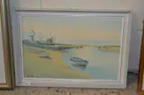 Moored boats in North Norfolk estuary by John Tuck, oil on board, sold Jan 2024