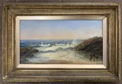 Children play in the coastal shallows by John Mogford, oil on canvas, sold Jan 2024