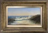 Children play in the coastal shallows by John Mogford, oil on canvas, sold Jan 2024