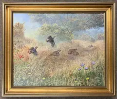 A covey of partridges in a natural environment by David Feather, oil on canvas, sold Jan 2024