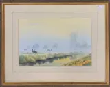 Pastoral landscape with grazing cattle and distant windmill by Adrian Wincup, watercolour, sold Jan 2024
