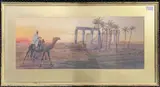 Middle Eastern scene with a figure riding a camel and ruins by Giovanni Barbaro, watercolour, sold Jan 2024