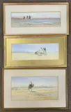 Trio of Arabian desert scenes with Bodouin on camel by Myra Meyrick, watercolor, sold Jan 2024