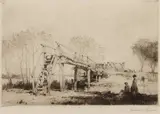 A riverside scene with a bridge and two by Leonard Russell Squirrell, etching, sold Jan 2024