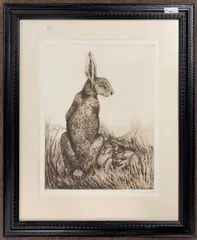 Hare and Leverets by Anna Ravenscroft, etching, sold Jan 2024