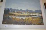 Boats on North Norfolk estuary by Mo Teeuw, oil on canvas, sold Jan 2024