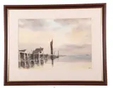 Boats moored at Thurne by Leslie L Hardy Moore, watercolour, sold Dec 2023