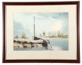 Moored boat at Thurne with the mill in distance by Leslie L Hardy Moore, watercolour, sold Dec 2023