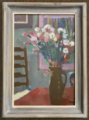 Interior scene with flowers in a vase and a ladder back chair by Derek Inwood, oil on board, sold Dec 2023