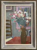Interior scene with flowers in a vase and a ladder back chair by Derek Inwood, oil on board, sold Dec 2023