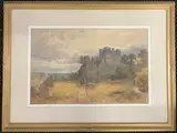 Castle ruin and buildings on a cliff edge with two by Henry A. Harper, 1869, watercolour, offered Dec 2023