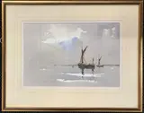 Boats moored on still waters by Anthony Pearce, watercolour, offered Dec 2023