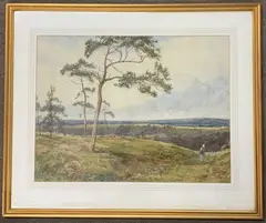 A view over a rolling landscape by John Fullwood, watercolour, offered Dec 2023