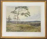 A view over a rolling landscape by John Fullwood, watercolour, offered Dec 2023