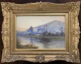 A view across a lake to church ruins by Thomas Hodgson Liddell, watercolour, offered Dec 2023