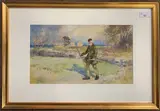 Rural scene in Autumn with a foreground figure by Frank Southgate, watercolour, sold Dec 2023