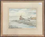 A view from the riverbank across to moored boats and by Leslie Allan, watercolour, sold Dec 2023