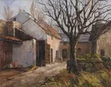 Autumnal rural scene with outbuildings by Gladys Lines, oil on board, sold Nov 2023