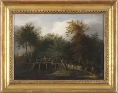 Figures walk over a bridge in a woodland setting by Edward Williams, oil on board, offered Nov 2023