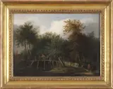Figures walk over a bridge in a woodland setting by Edward Williams, oil on board, offered Nov 2023