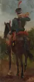 Bugle boy on horseback by Charles Detaille, oil on board, sold Nov 2023