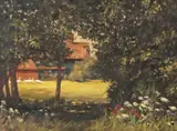 A countryside building with nearby wandering geese seen through by Miles Fairhurst, oil on board, sold Nov 2023