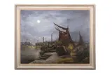 An industrial shipping scene by John Bentham-Dinsdale, Oil on canvas, signed and dated on canvas verso '72, sold Nov 2023