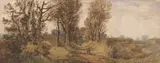 Autumnal countryside with a trio of figures walking along by John Joseph Cotman, 1872, watercolour, sold Nov 2023