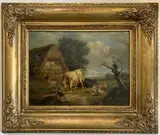 Farmyard scene with a sheep dog baiting a bull with sheep and by Pierre Dielman, oil on panel, sold Nov 2023