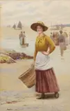 Fishergirl on the beach by Ralph Todd, watercolour, offered Nov 2023
