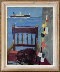 Cat and Passing Ship by Derek Inwood, oil on board, sold Nov 2023