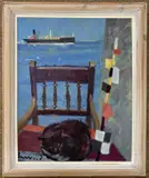 Cat and Passing Ship by Derek Inwood, oil on board, sold Nov 2023