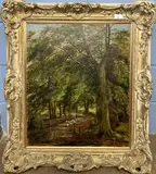 A shepherd with his flock of sheep travel through woodland by George Turner, oil on canvas, offered Nov 2023